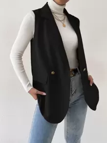 BizChic Damen einfarbiges ärmelloses Oberteil mit Knopfleiste, minimalistischer Lässig-Look, grundlegender urbaner Pendler-Stil, schlichte elegante Business-Lässig Bluse für Büromode im Herbst/Winter