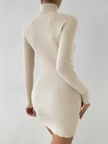 Chiquease Ribbed Knit Turtleneck Jumper Dress Without Belt - Beige - View 2