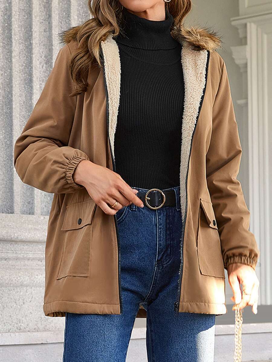 SHEIN Unity 翻蓋口袋羊羔絨襯裏連帽外套