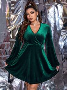SHEIN Belle Plus Surplice Neck Flounce Sleeve Velvet Dress - Dark Green - View 4