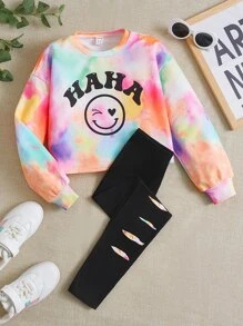 SHEIN Tween Girl Tie Dye Expression Print Pullover & Leggings - Multicolor - View 1