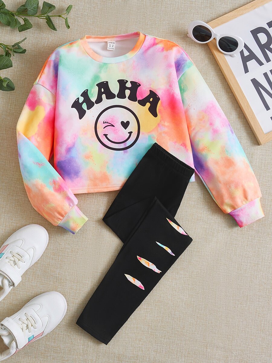 SHEIN Tween Girl Tie Dye Expression Print Pullover & Leggings - Multicolor - View 1