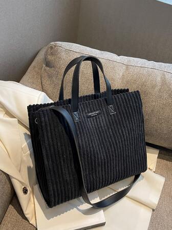 Letter Patch Decor Corduroy Top Handle Bag