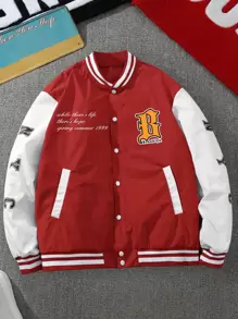 Aesthetic Post--Loose Fit Men's Color-Block Slogan Graphic Varsity Jacket - Red - View 1
