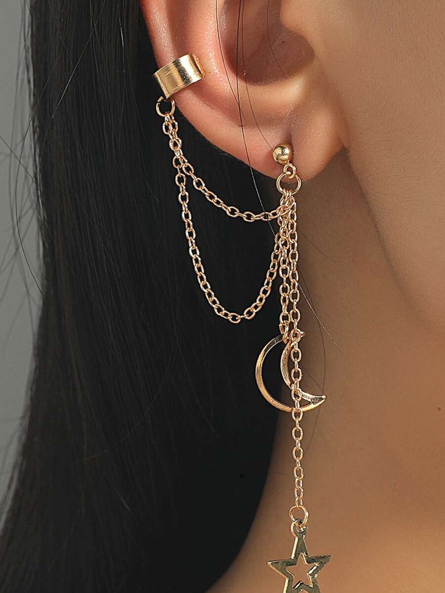 1pc Star & Moon Decor Earring - Yellow Gold - View 1
