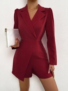 SHEIN Privé Puff Sleeve Lapel Neck Asymmetrical Hem Romper - Red - View 1