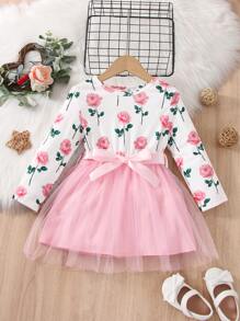 小女童印花網紗邊繫腰帶洋裝