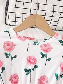 小女童印花網紗邊繫腰帶洋裝