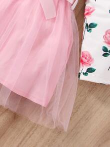 小女童印花網紗邊繫腰帶洋裝