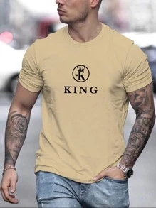 Manfinity Homme Hombres Camiseta con estampado de letra de cuello redondo - Caqui - Ver 1