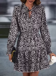 SHEIN LUNE Leopard Print Tie Neck Flounce Sleeve Ruffle Hem Dress - Multicolor - View 1