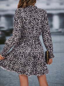 SHEIN LUNE Leopard Print Tie Neck Flounce Sleeve Ruffle Hem Dress - Multicolor - View 2