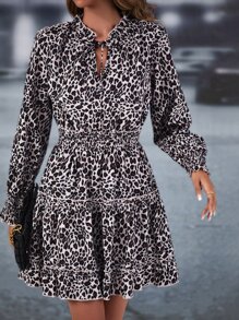 SHEIN LUNE Leopard Print Tie Neck Flounce Sleeve Ruffle Hem Dress - Multicolor - View 4