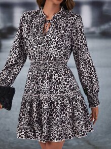 SHEIN LUNE Leopard Print Tie Neck Flounce Sleeve Ruffle Hem Dress - Multicolor - View 5