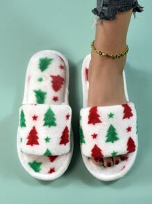Christmas Tree Graphic Fluffy Bedroom Slippers - Multicolor - View 1