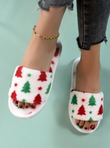 Christmas Tree Graphic Fluffy Bedroom Slippers - Multicolor - View 2
