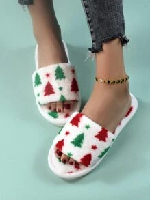 Christmas Tree Graphic Fluffy Bedroom Slippers - Multicolor - View 5