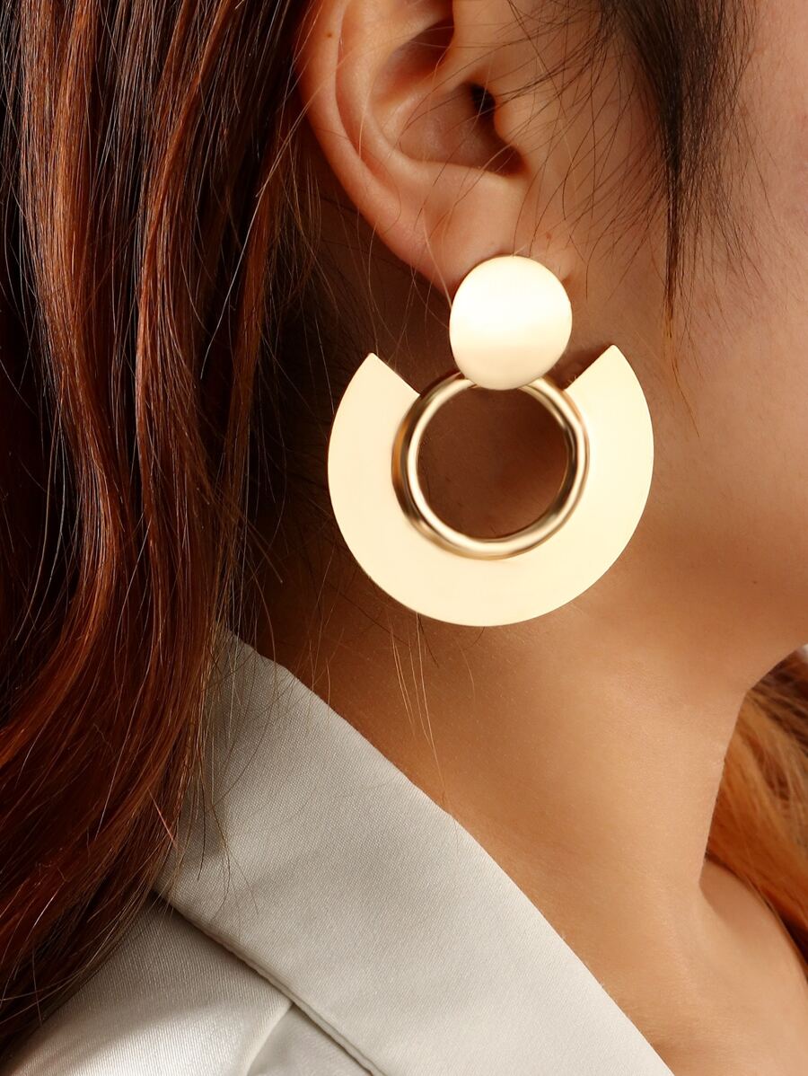 1 par de pendientes metálicos simples geométricos en forma de abanico para mujer - Amarillo Oro - Ver 1