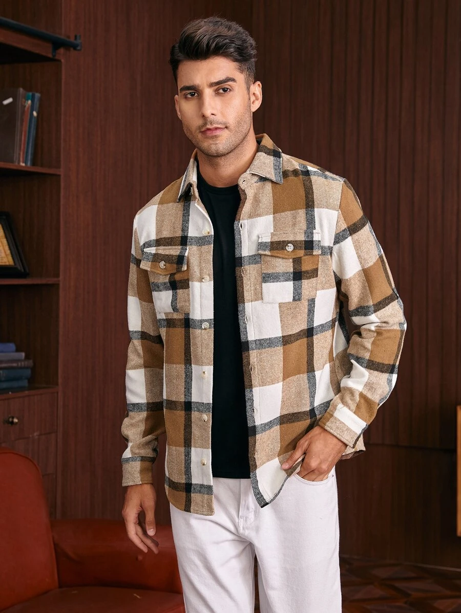 Manfinity Men Plaid Print Flap Pocket Coat - Multicolor - View 1