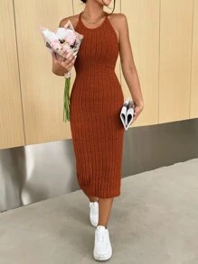 SHEIN Essnce 素色繞頸緊身洋裝 - 亮橙色 - 查看 4