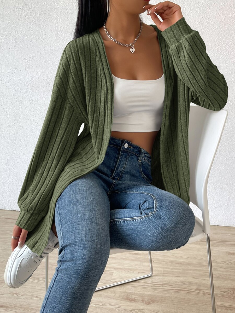 SHEIN Essnce Áo khoác nữ Gân đan màu trơn Giải trí - xanh quân đội - Xem 1