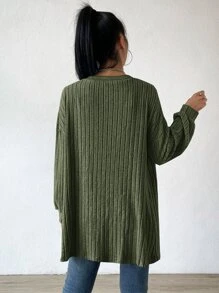 SHEIN Essnce Áo khoác nữ Gân đan màu trơn Giải trí - xanh quân đội - Xem 2