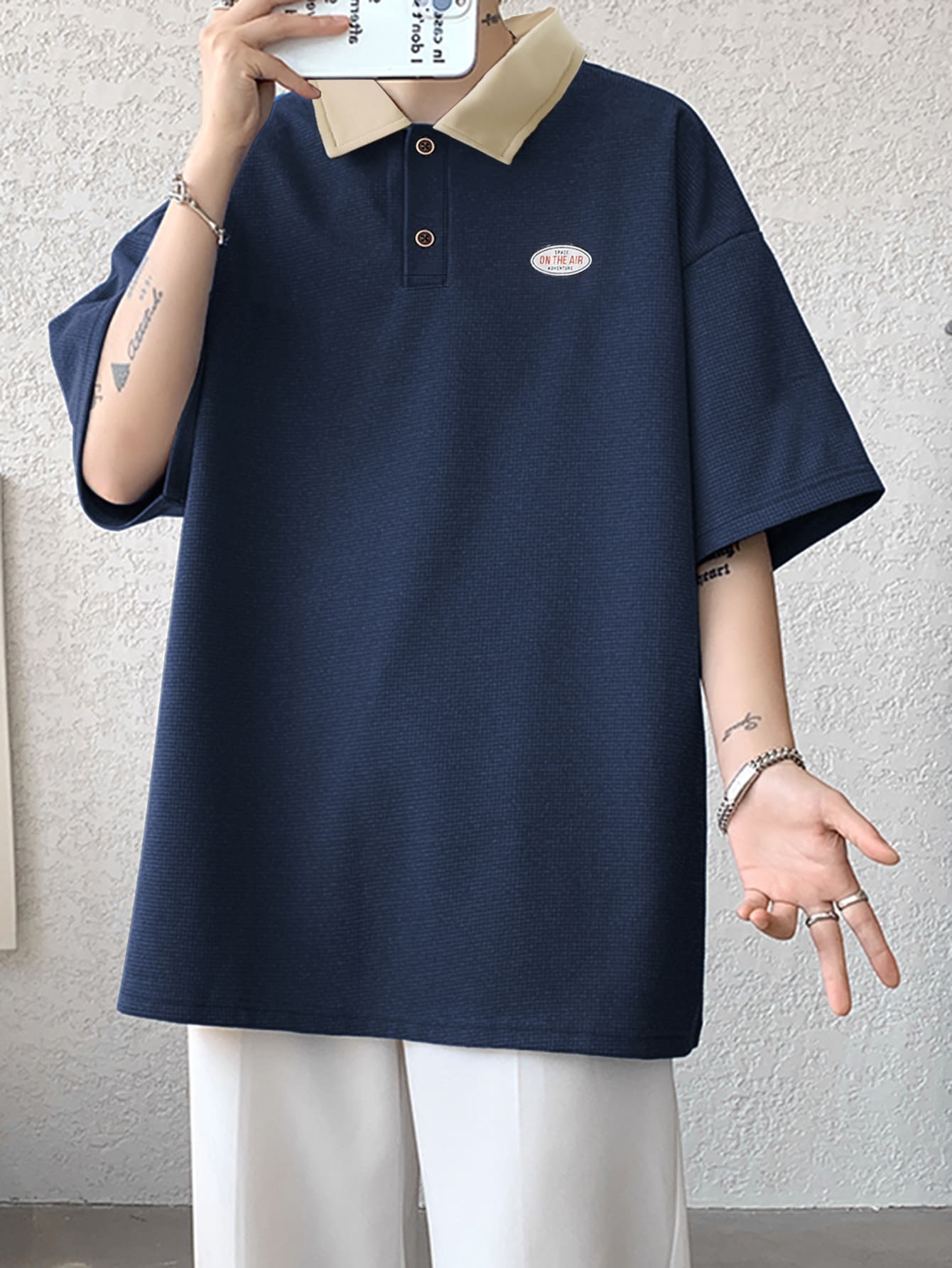 Claim Dot Men's Loose Fit Polo Shirt With Letter Graphic And Contrast Collar, Half Button Color Block Polo Shirt For Going Out With Friends - Navy Blue - View 1