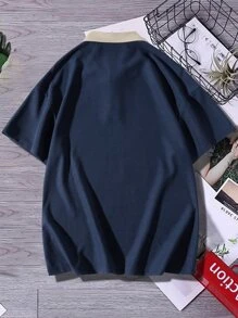 Claim Dot Men's Loose Fit Polo Shirt With Letter Graphic And Contrast Collar, Half Button Color Block Polo Shirt For Going Out With Friends - Navy Blue - View 2