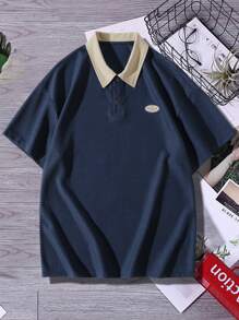 Claim Dot Men's Loose Fit Polo Shirt With Letter Graphic And Contrast Collar, Half Button Color Block Polo Shirt For Going Out With Friends - Navy Blue - View 3