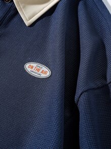 Claim Dot Men's Loose Fit Polo Shirt With Letter Graphic And Contrast Collar, Half Button Color Block Polo Shirt For Going Out With Friends - Navy Blue - View 4