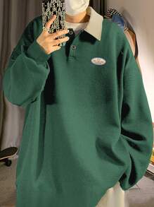 Manfinity Hypemode Men Letter Patched Contrast Collar Polo Shirt - Dark Green - View 1