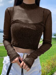 DAZY Mock Neck Crop Glitter Top Without Cami Top - Coffee Brown - View 1