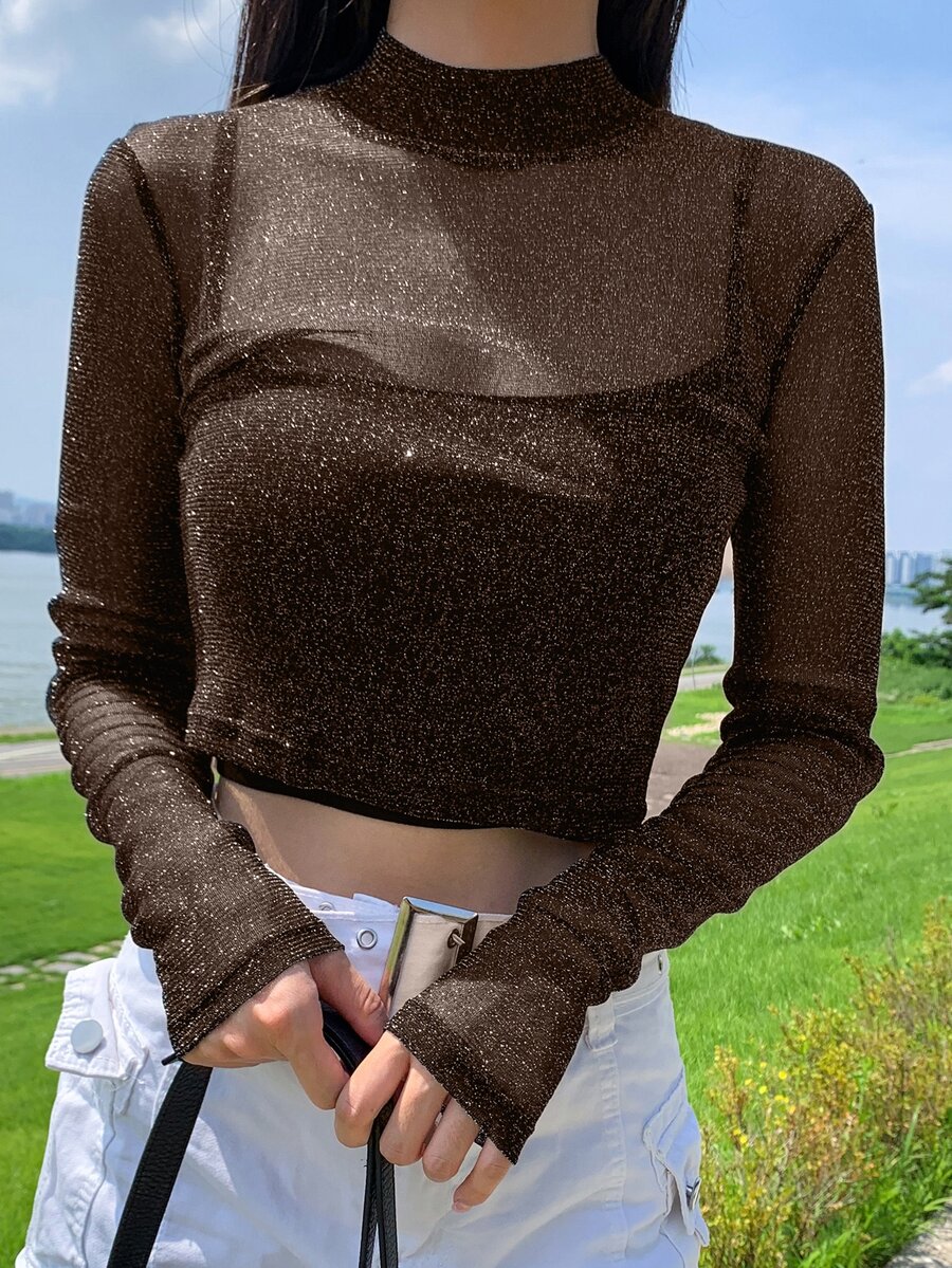 DAZY Mock Neck Crop Glitter Top Without Cami Top - Coffee Brown - View 1
