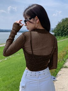 DAZY Mock Neck Crop Glitter Top Without Cami Top - Coffee Brown - View 2