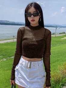 DAZY Mock Neck Crop Glitter Top Without Cami Top - Coffee Brown - View 4