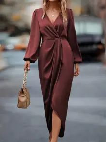 EMERY ROSE Lantern Sleeve Twist Front Wrap Hem Satin Dress Maxi Women Outfit Fall Cloth For Women - Rust Brown - View 6