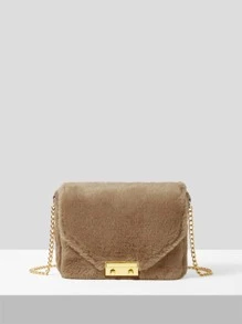 Mini Push Lock Fuzzy Chain Flap Square Bag - Brown - View 5