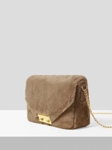 Mini Push Lock Fuzzy Chain Flap Square Bag - Brown - View 6
