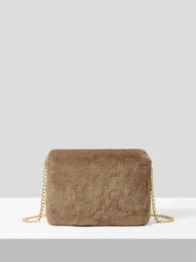 Mini Push Lock Fuzzy Chain Flap Square Bag - Brown - View 7