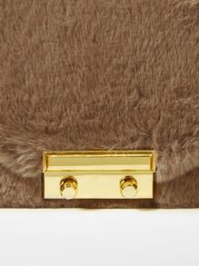 Mini Push Lock Fuzzy Chain Flap Square Bag - Brown - View 8