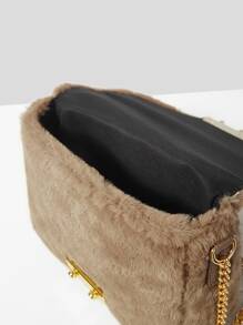 Mini Push Lock Fuzzy Chain Flap Square Bag - Brown - View 9