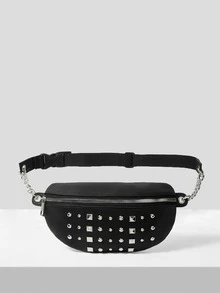 Studded Decor Chain Bum Bag - Black - View 6