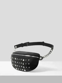 Studded Decor Chain Bum Bag - Black - View 7