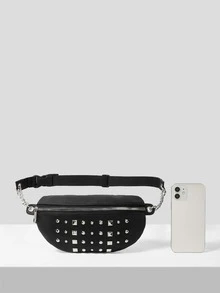 Studded Decor Chain Bum Bag - Black - View 11