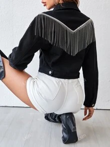 جاكيت جينز قصير مقلم كشكش