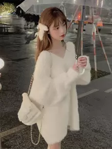 Solid Drop Shoulder Fluffy Sweater,Long Sleeve Tops