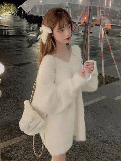 纯色落肩蓬松毛衣，长袖上衣