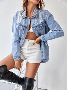 Women's Distressed Drop Shoulder Pearl Beaded Denim Jacket - Spring - Light Wash - View 7