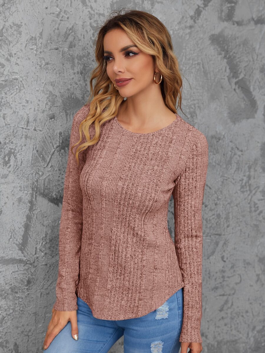 SHEIN LUNE 羅紋針織弧形下擺T恤 - 藕粉色 - 查看 1