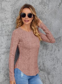 SHEIN LUNE 羅紋針織弧形下擺T恤 - 藕粉色 - 查看 4